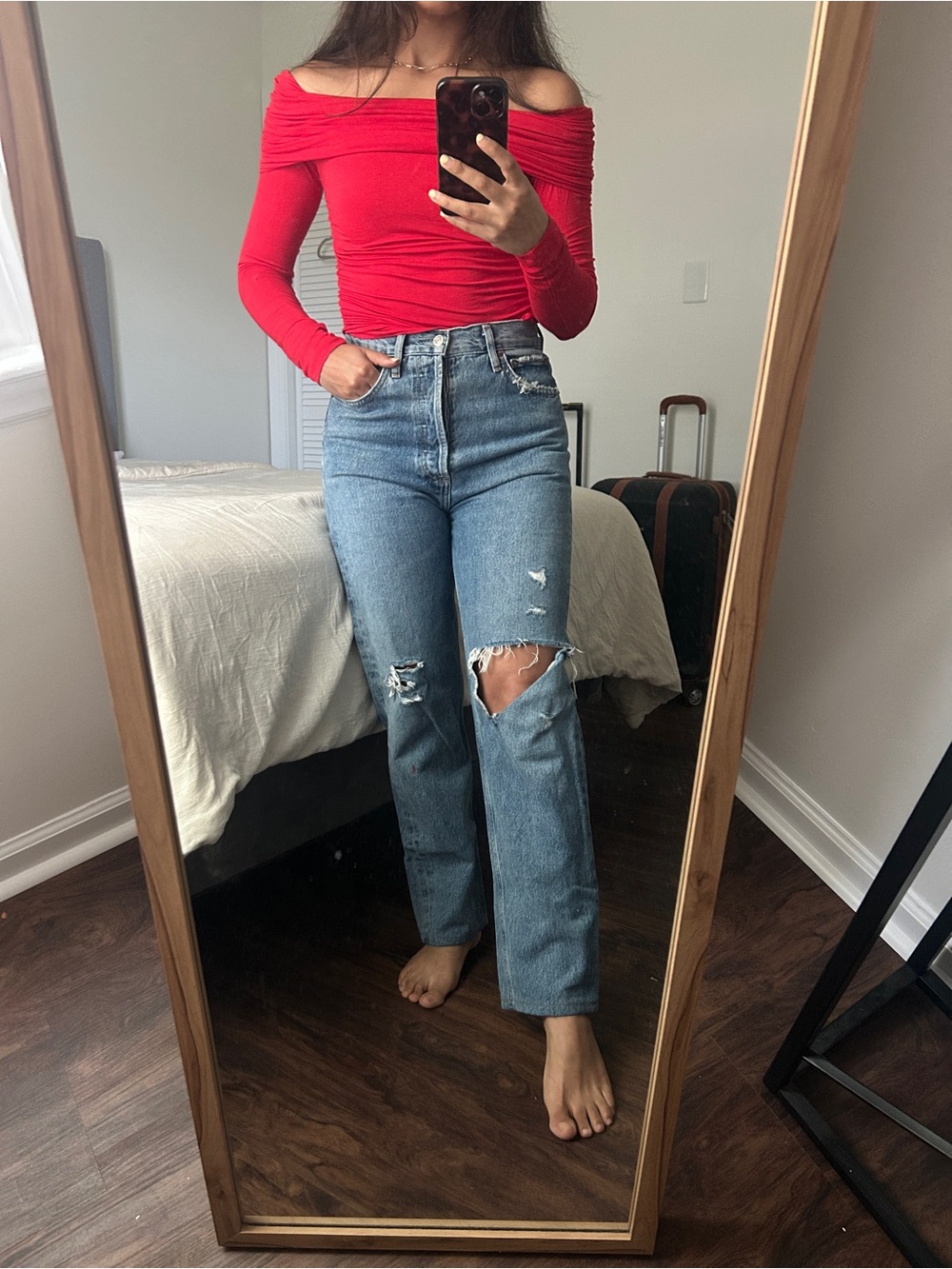 AGOLDE High Rise Distressed Straight Leg Jeans Blue Denim